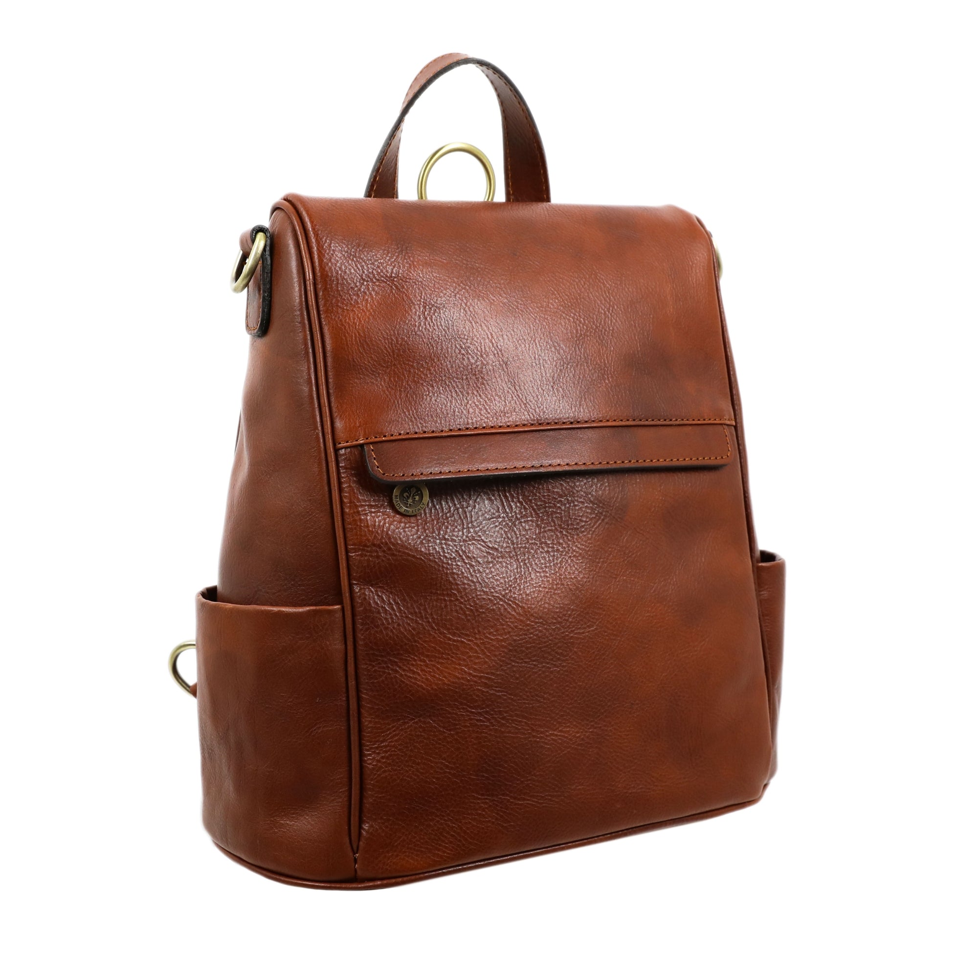 Womens Cognac Brown Leather Convertible Backpack Shoulder Bag